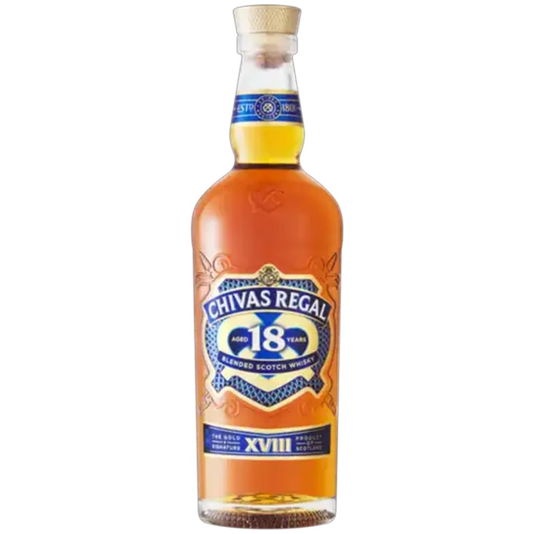 Chivas 18 year old bottle with a blue chivas regal branded box in the background