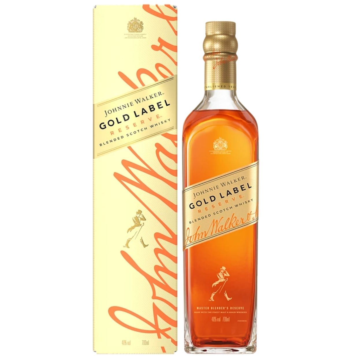 A bottle of Johnnie Walker Gold Label blended Scotch whisky next to its cream-colored packaging box, both featuring the brand's signature gold and orange lettering and logo, set against a plain white background.